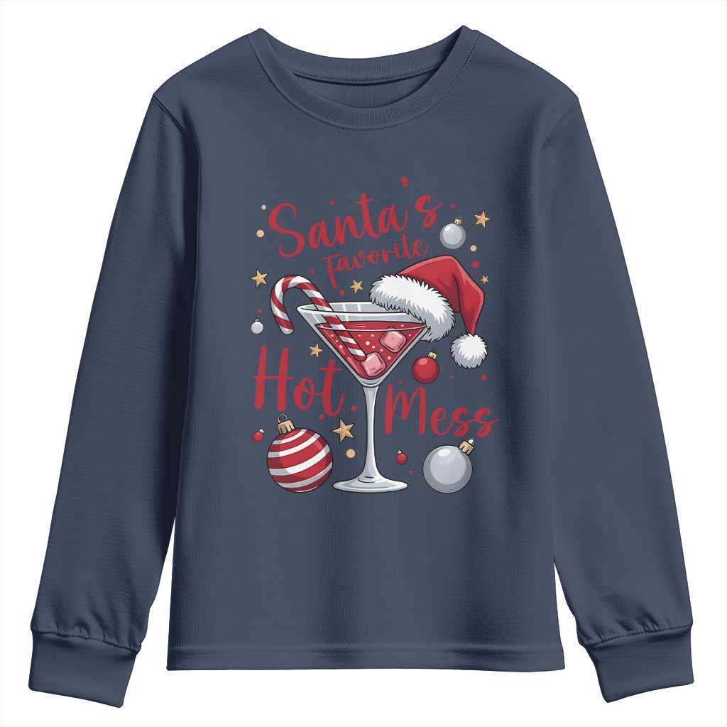 Funny Santa Favorite Hot Mess Youth Sweatshirt Christmas Drinking Cocktail Lover TS02 Navy Print Your Wear
