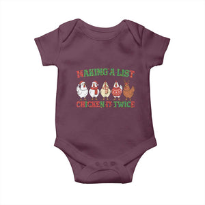 Funny Chicken Christmas Pun Baby Onesie Making a List Chicken It Twice Cute Holiday Farm Animal TS02 Maroon Print Your Wear