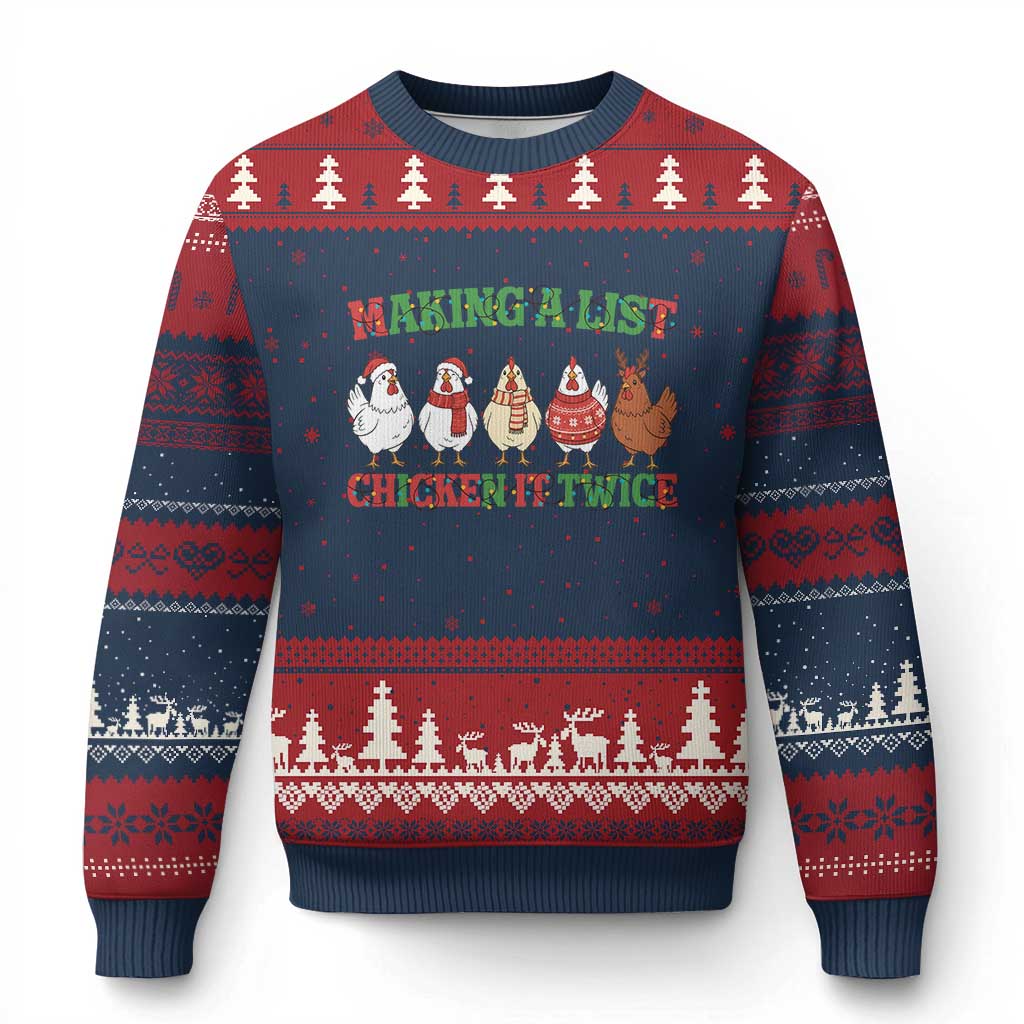 Funny Chicken Xmas Pun Ugly Christmas Sweater Making a List Chicken It Twice Cute Holiday Farm Animal TS02 Navy Red Print Your Wear