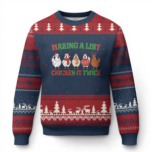 Funny Chicken Xmas Pun Ugly Christmas Sweater Making a List Chicken It Twice Cute Holiday Farm Animal TS02 Navy Red Print Your Wear