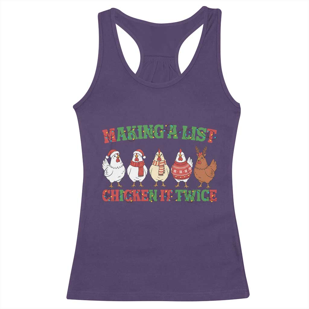 Funny Chicken Christmas Pun Racerback Tank Top Making a List Chicken It Twice Cute Holiday Farm Animal TS02 Purple Print Your Wear