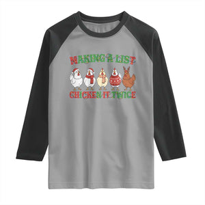 Funny Chicken Christmas Pun Raglan Shirt Making a List Chicken It Twice Cute Holiday Farm Animal TS02 Sport Gray Black Print Your Wear