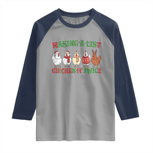 Funny Chicken Christmas Pun Raglan Shirt Making a List Chicken It Twice Cute Holiday Farm Animal TS02 Sport Gray Navy Print Your Wear