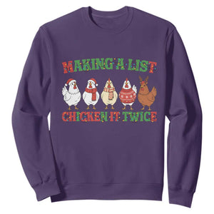 Funny Chicken Christmas Pun Sweatshirt Making a List Chicken It Twice Cute Holiday Farm Animal TS02 Purple Print Your Wear