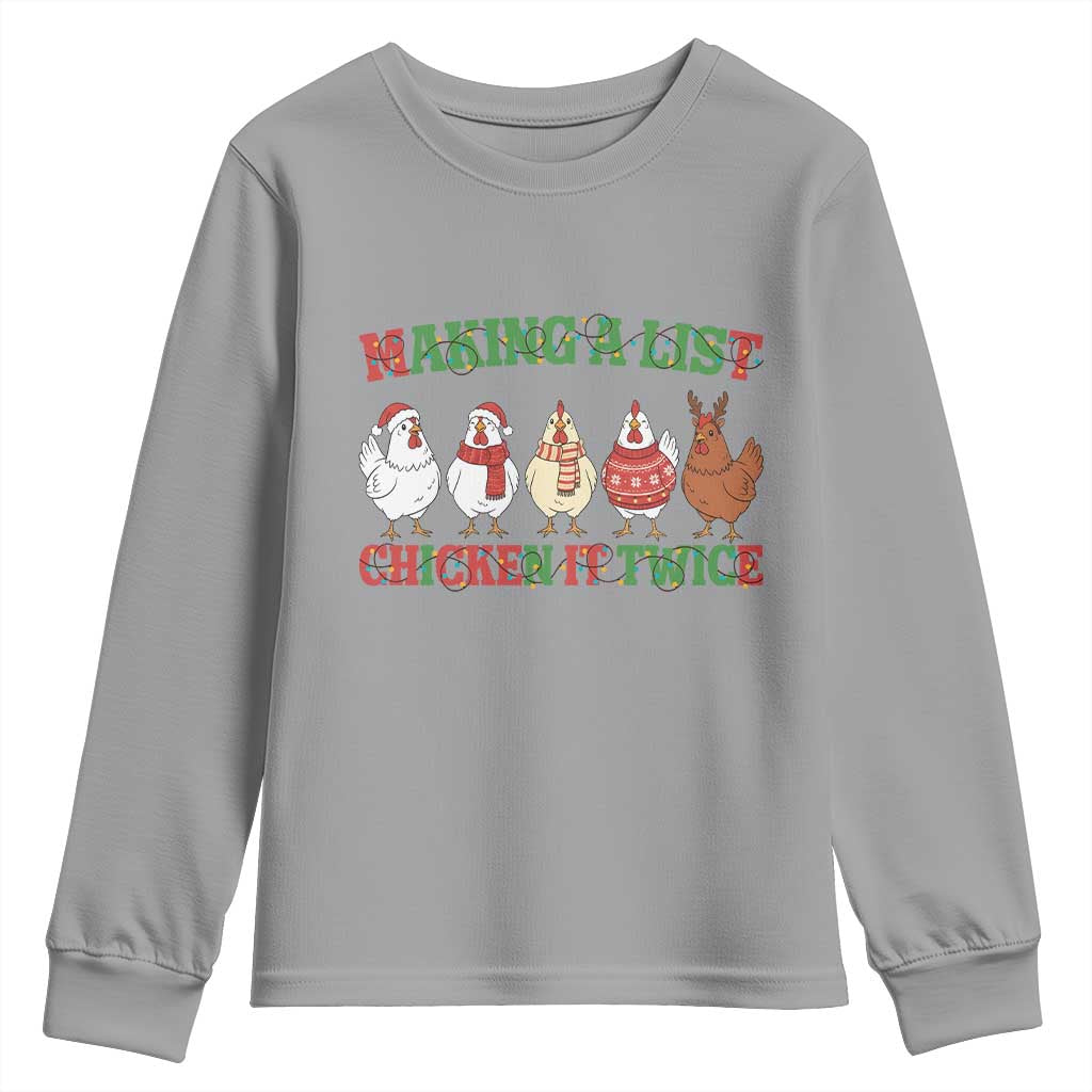 Funny Chicken Christmas Pun Youth Sweatshirt Making a List Chicken It Twice Cute Holiday Farm Animal TS02 Sport Gray Print Your Wear