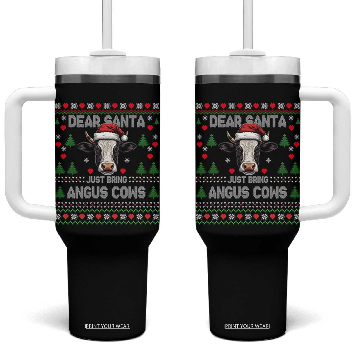 Dear Santa Angus Cow Christmas Tumbler With Handle Funny Farm Cow Lover Holiday Farm Ugly Sweater TS02 One Size: 40 oz Black Print Your Wear