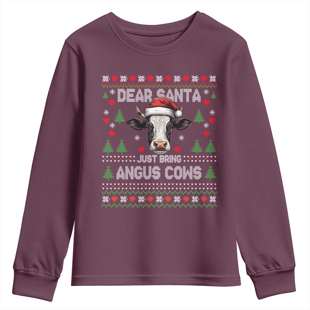 Dear Santa Angus Cow Christmas Youth Sweatshirt Funny Farm Cow Lover Holiday Farm Ugly Sweater TS02 Maroon Print Your Wear
