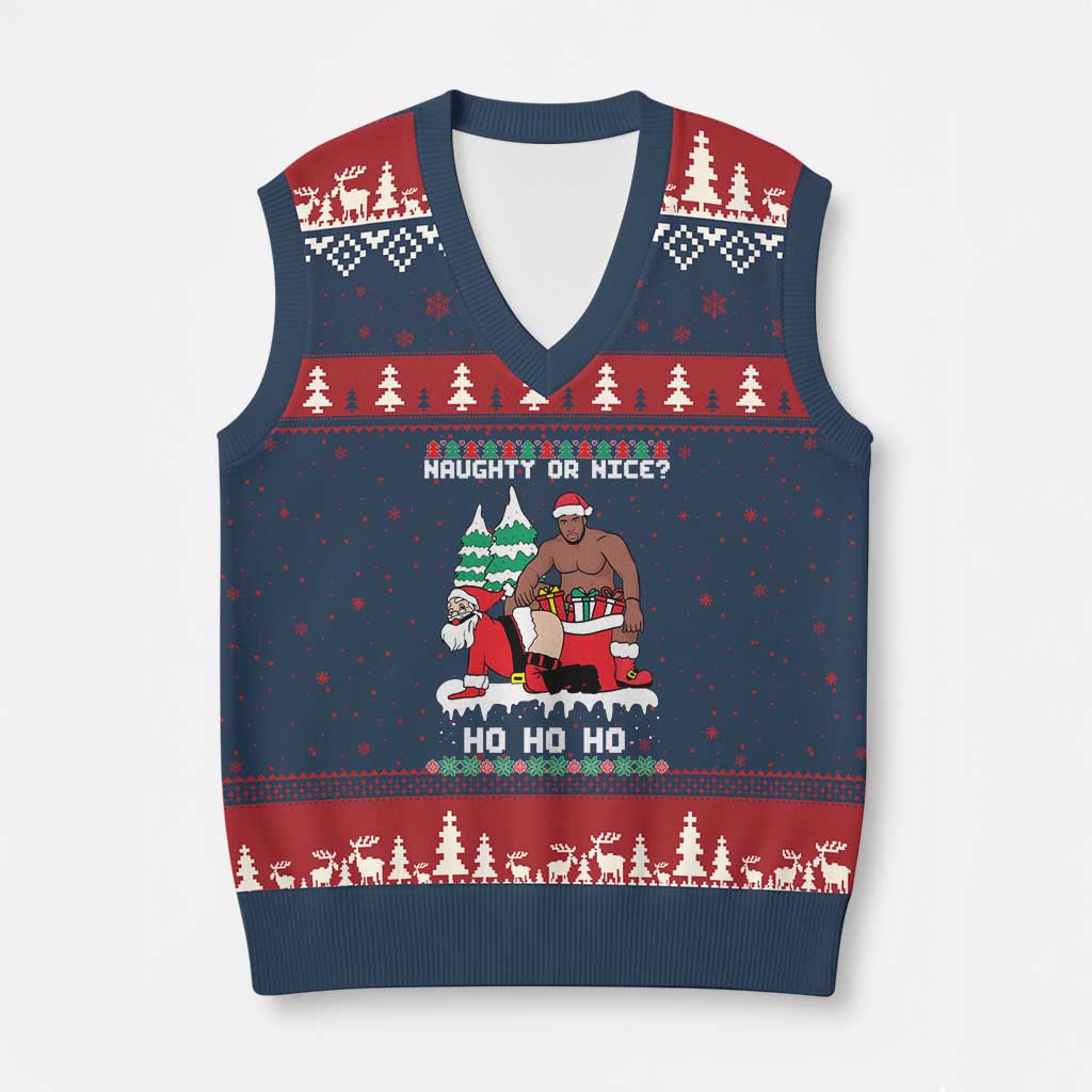 Funny Santa and Diddy Xmas V-Neck Knit Sweater Vest Naughty or Nice Ho Ho Ho Adult Humor Holiday TS02 Navy Red Print Your Wear