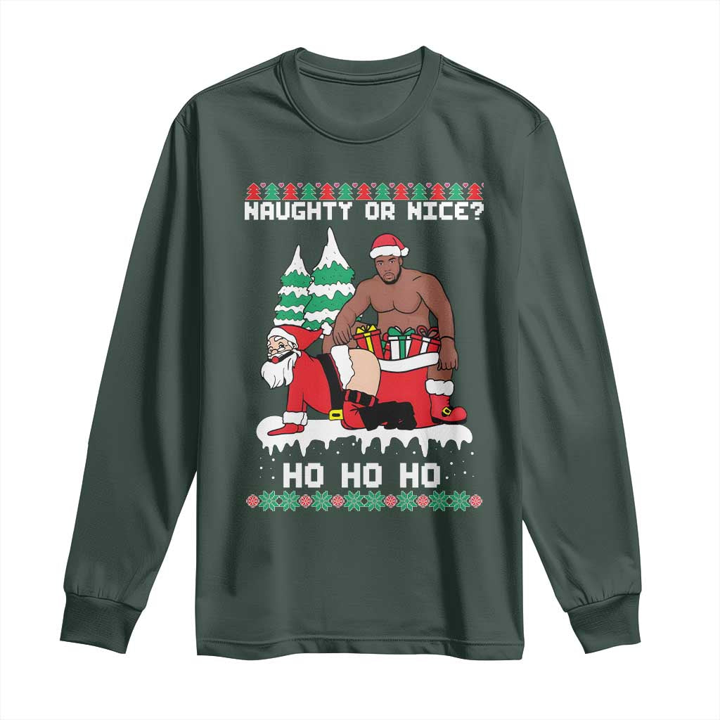 Funny Santa and Diddy Christmas Long Sleeve Shirt Naughty or Nice Ho Ho Ho Adult Humor Holiday TS02 Dark Forest Green Print Your Wear