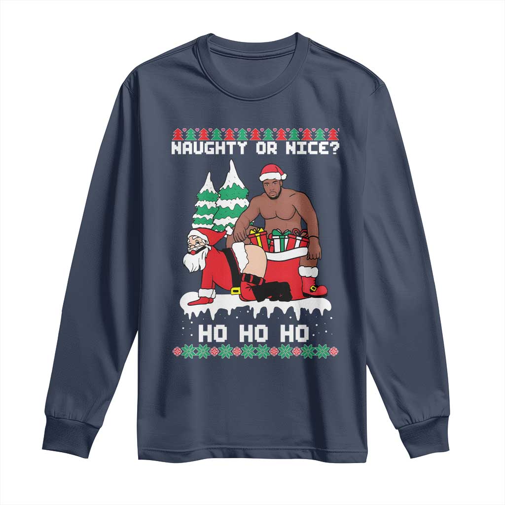 Funny Santa and Diddy Christmas Long Sleeve Shirt Naughty or Nice Ho Ho Ho Adult Humor Holiday TS02 Navy Print Your Wear