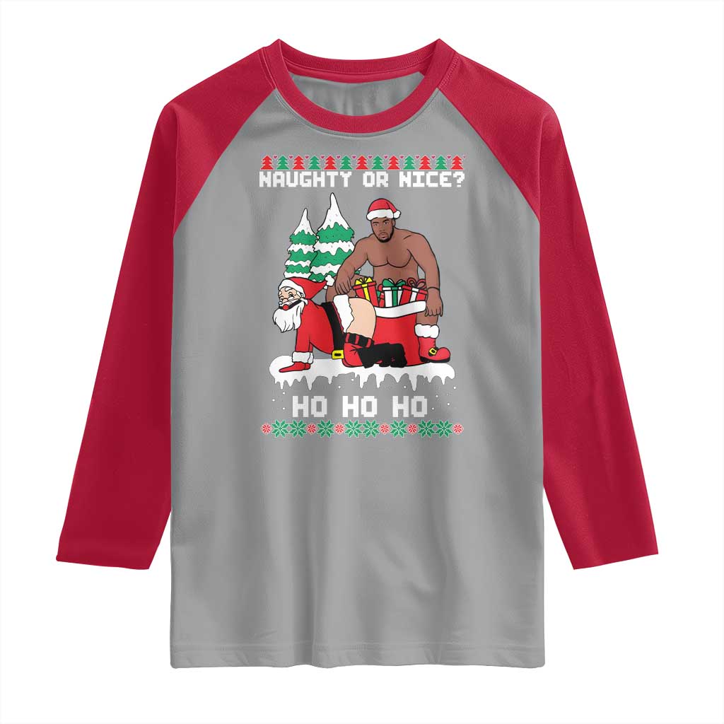 Funny Santa and Diddy Christmas Raglan Shirt Naughty or Nice Ho Ho Ho Adult Humor Holiday TS02 Sport Gray Red Print Your Wear