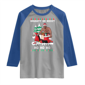 Funny Santa and Diddy Christmas Raglan Shirt Naughty or Nice Ho Ho Ho Adult Humor Holiday TS02 Sport Gray Royal Print Your Wear