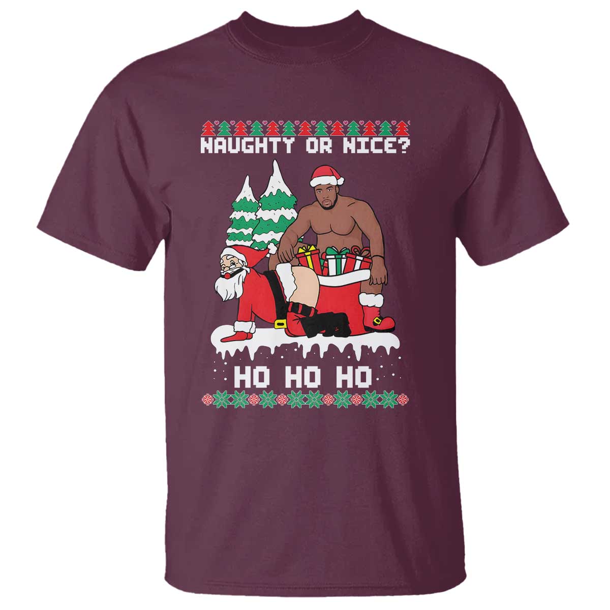 Funny Santa and Diddy Christmas T Shirt Naughty or Nice Ho Ho Ho Adult Humor Holiday TS02 Maroon Print Your Wear
