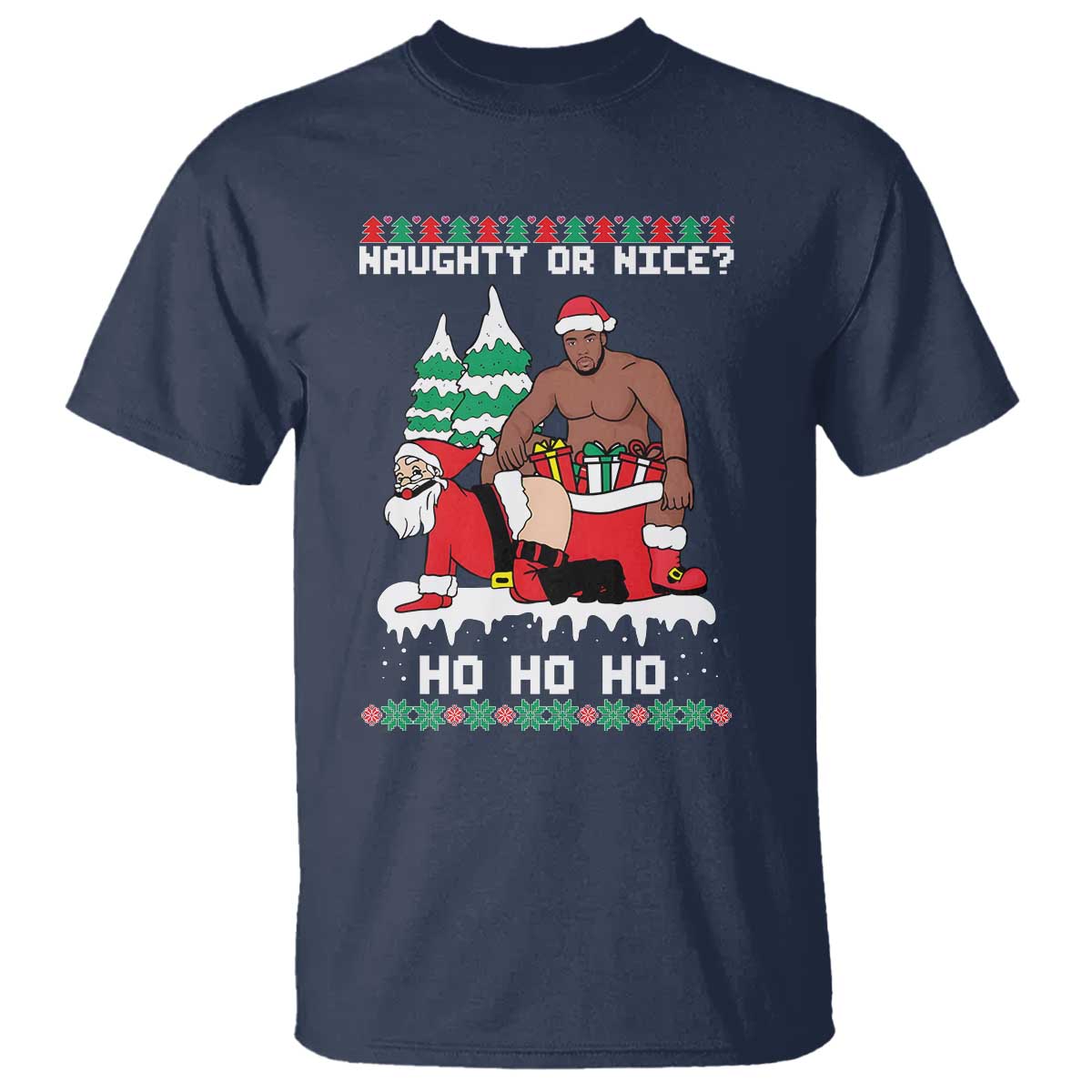 Funny Santa and Diddy Christmas T Shirt Naughty or Nice Ho Ho Ho Adult Humor Holiday TS02 Navy Print Your Wear