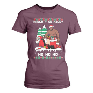 Funny Santa and Diddy Christmas T Shirt For Women Naughty or Nice Ho Ho Ho Adult Humor Holiday TS02 Maroon Print Your Wear