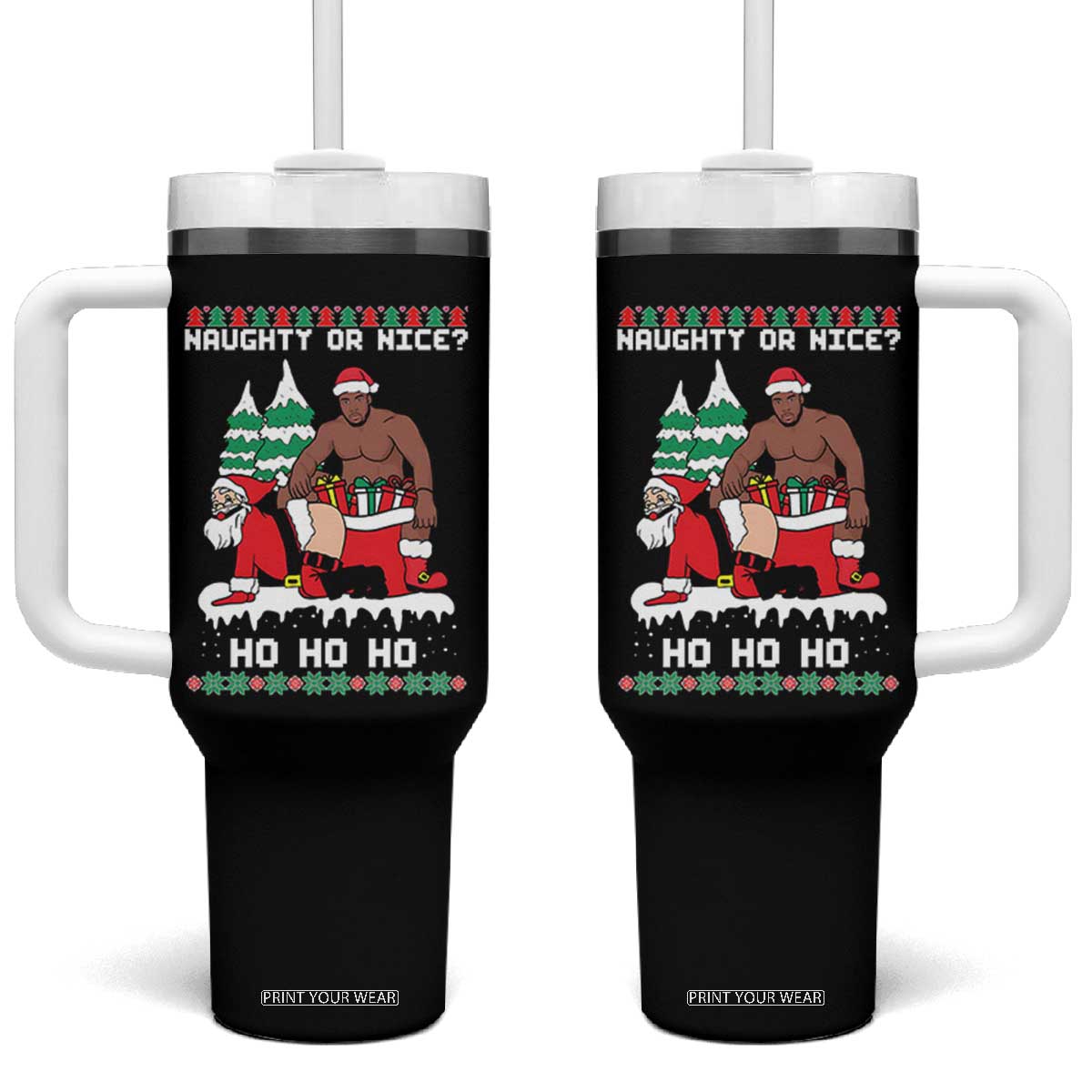 Funny Santa and Diddy Christmas Tumbler With Handle Naughty or Nice Ho Ho Ho Adult Humor Holiday TS02 One Size: 40 oz Black Print Your Wear