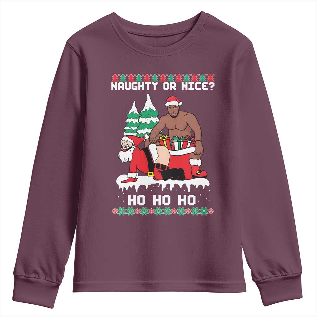 Funny Santa and Diddy Christmas Youth Sweatshirt Naughty or Nice Ho Ho Ho Adult Humor Holiday TS02 Maroon Print Your Wear