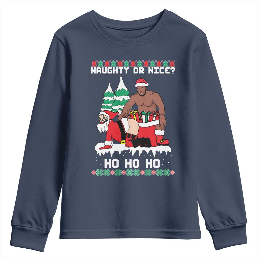 Funny Santa and Diddy Christmas Youth Sweatshirt Naughty or Nice Ho Ho Ho Adult Humor Holiday TS02 Navy Print Your Wear