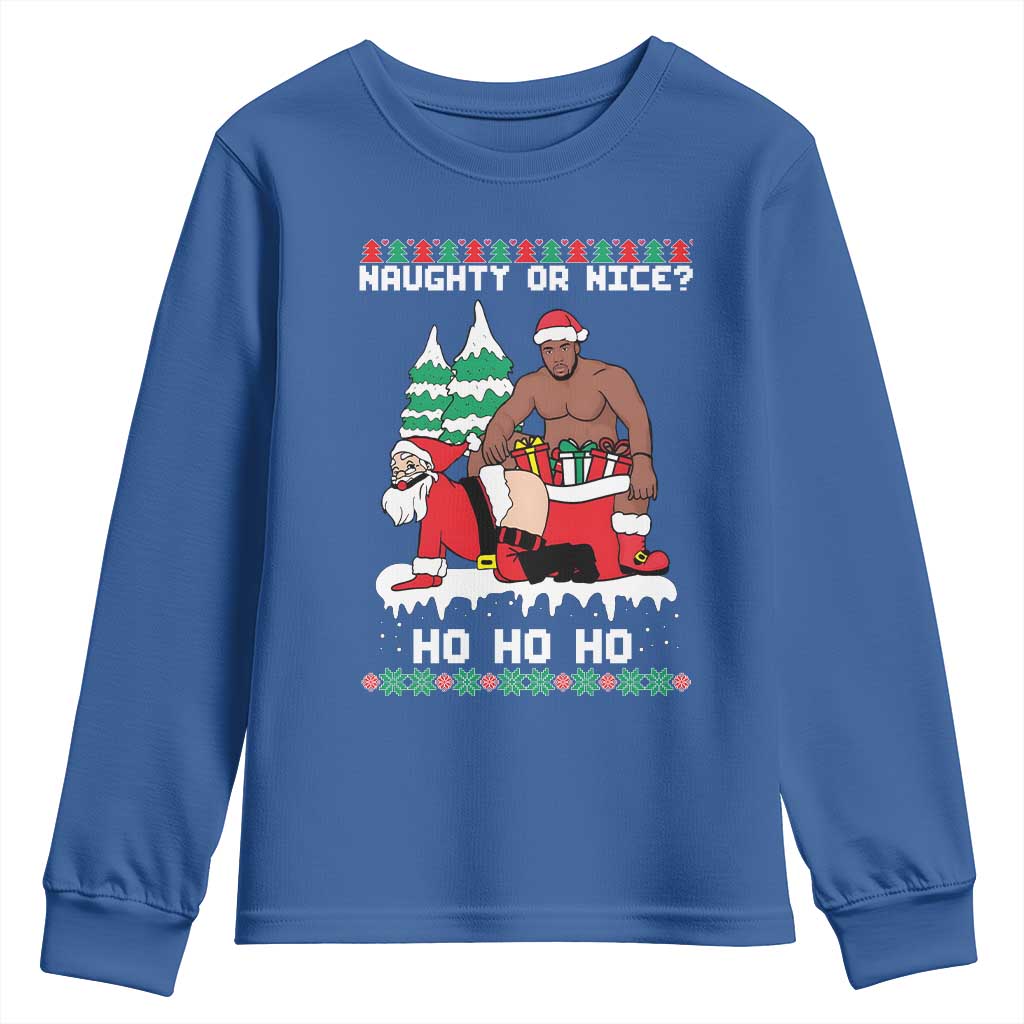 Funny Santa and Diddy Christmas Youth Sweatshirt Naughty or Nice Ho Ho Ho Adult Humor Holiday TS02 Royal Blue Print Your Wear