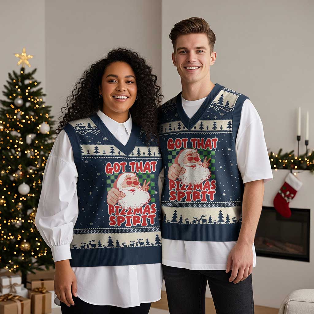 Funny Santa Rizz Xmas V-Neck Knit Sweater Vest Got That Rizzmas Spirit Retro Groovy TS02 Navy Beige Print Your Wear