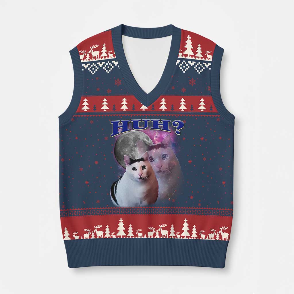 Funny Cat Emotion Meme V-Neck Knit Sweater Vest Huh Silly Sarcasm TS02 Navy Red Print Your Wear