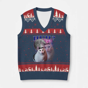 Funny Cat Emotion Meme V-Neck Knit Sweater Vest Huh Silly Sarcasm TS02 Navy Red Print Your Wear