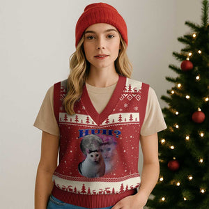 Funny Cat Emotion Meme V-Neck Knit Sweater Vest Huh Silly Sarcasm TS02 Red Beige Print Your Wear
