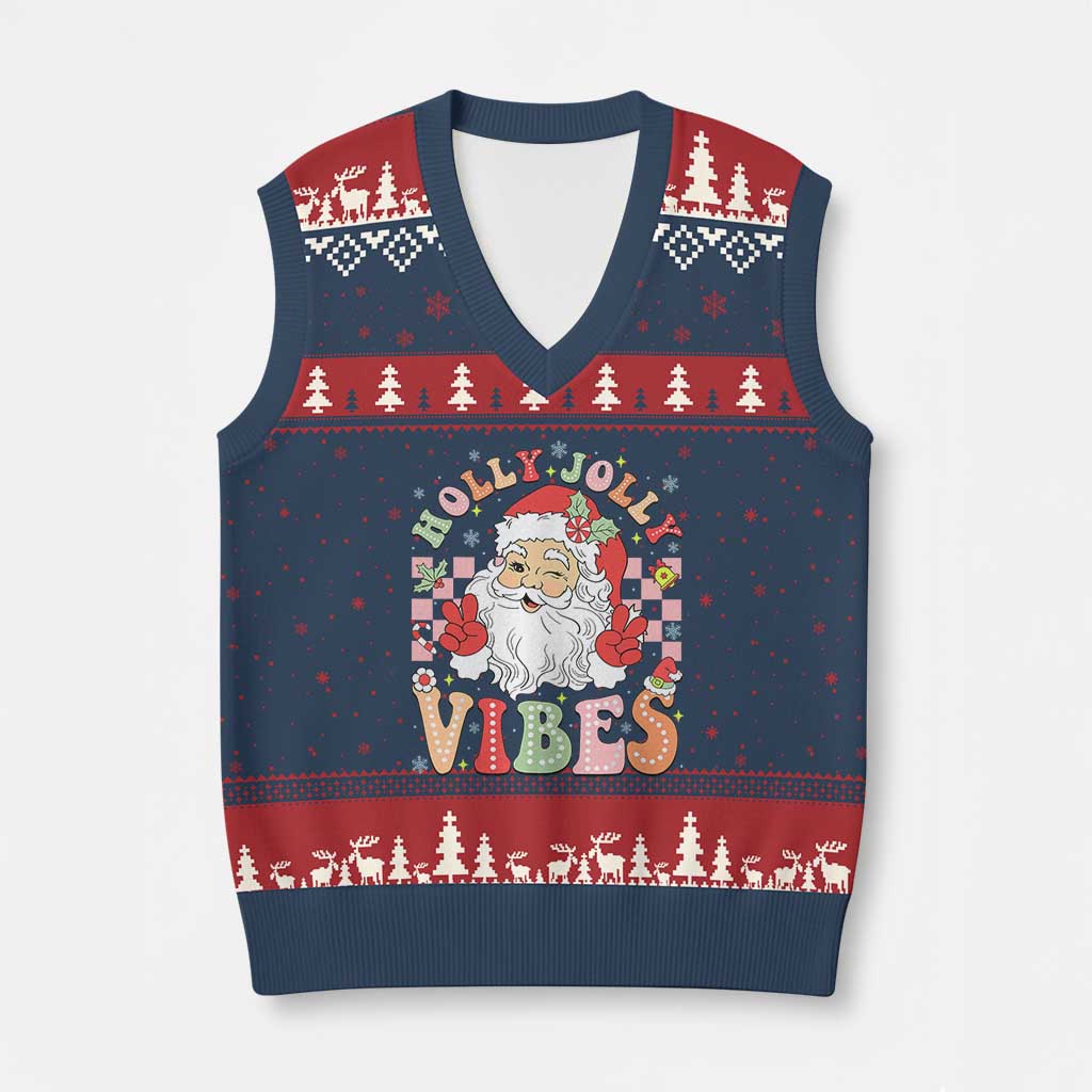 Retro Santa Xmas V-Neck Knit Sweater Vest Groovy Cute Santa Claus Xmas Vibes Xmas TS02 Navy Red Print Your Wear