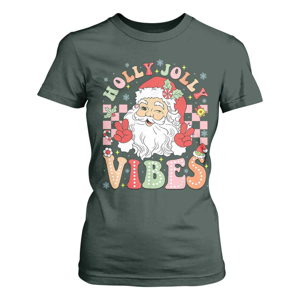 Retro Santa Christmas T Shirt For Women Groovy Cute Santa Claus Christmas Vibes Xmas TS02 Dark Forest Green Print Your Wear
