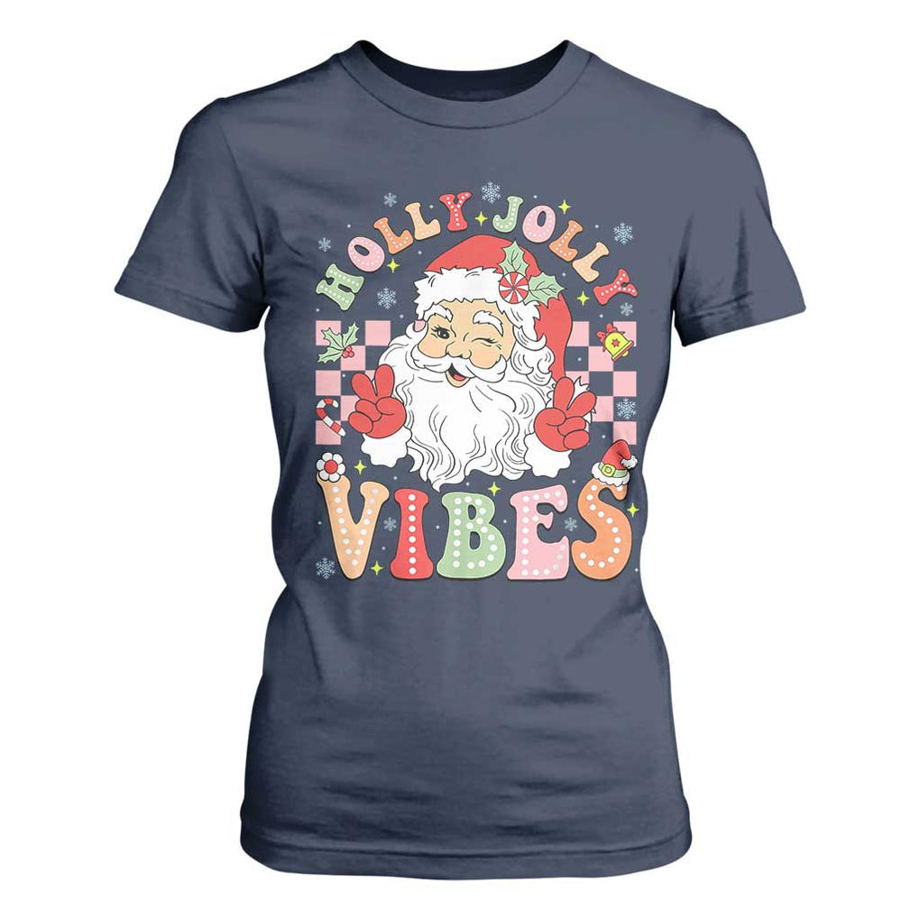 Retro Santa Christmas T Shirt For Women Groovy Cute Santa Claus Christmas Vibes Xmas TS02 Navy Print Your Wear