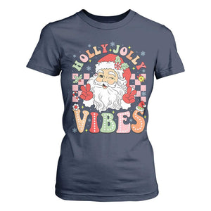Retro Santa Christmas T Shirt For Women Groovy Cute Santa Claus Christmas Vibes Xmas TS02 Navy Print Your Wear