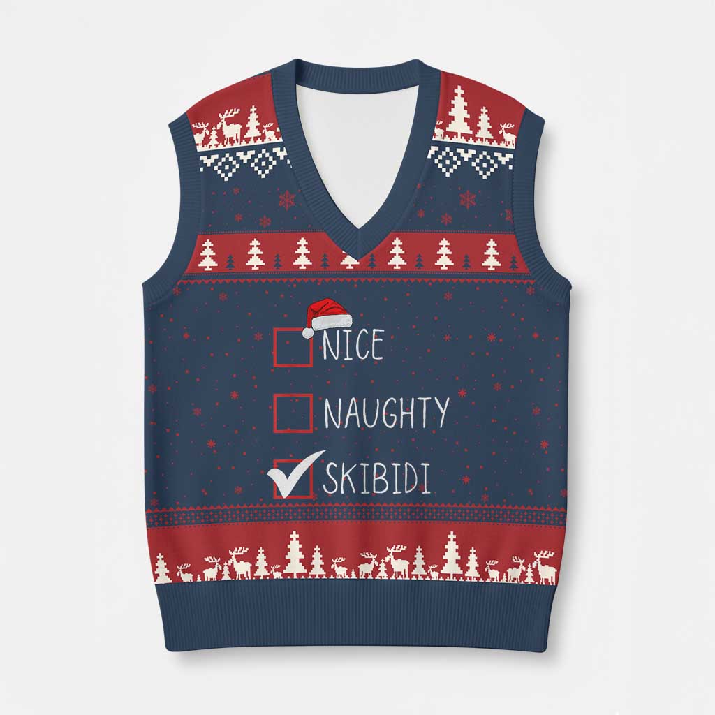 Nice Naughty Skibidi V-Neck Knit Sweater Vest Funny Xmas Santa List TS02 Navy Red Print Your Wear