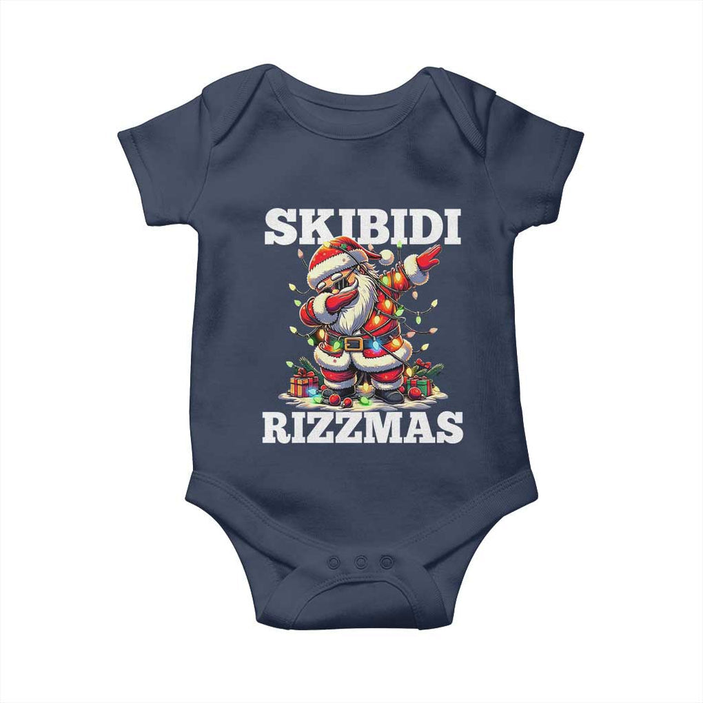 Funny Dabbing Santa Rizz Christmas Baby Onesie Skibidi Rizzmas Xmas Lights TS02 Navy Print Your Wear