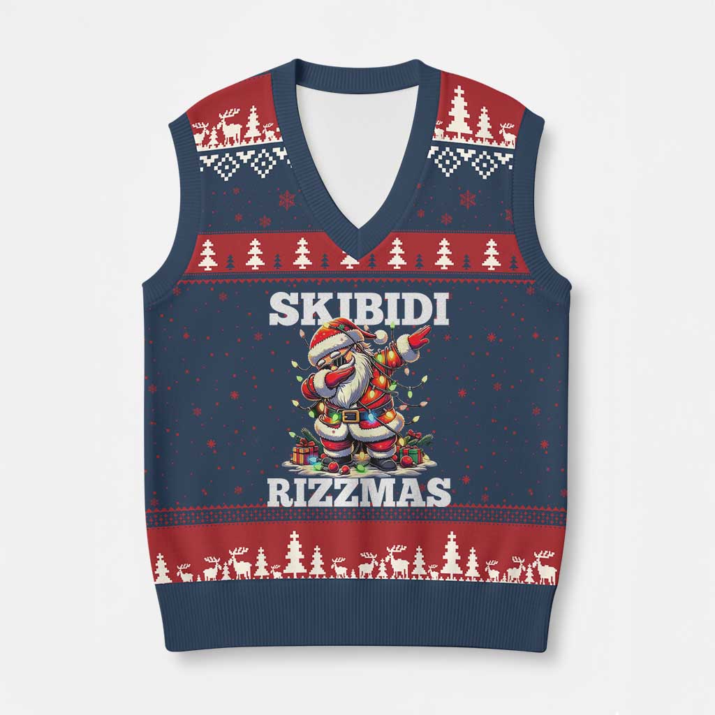 Funny Dabbing Santa Rizz Xmas V-Neck Knit Sweater Vest Skibidi Rizzmas Xmas Lights TS02 Navy Red Print Your Wear