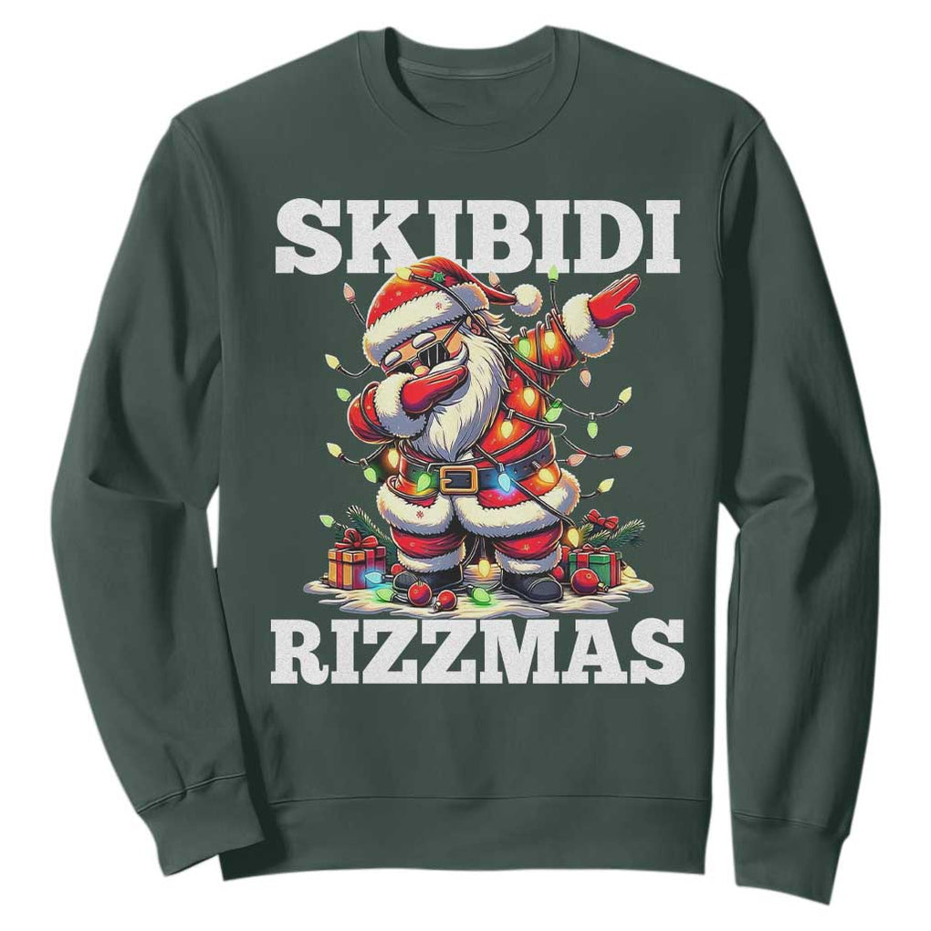 Funny Dabbing Santa Rizz Christmas Sweatshirt Skibidi Rizzmas Xmas Lights TS02 Dark Forest Green Print Your Wear
