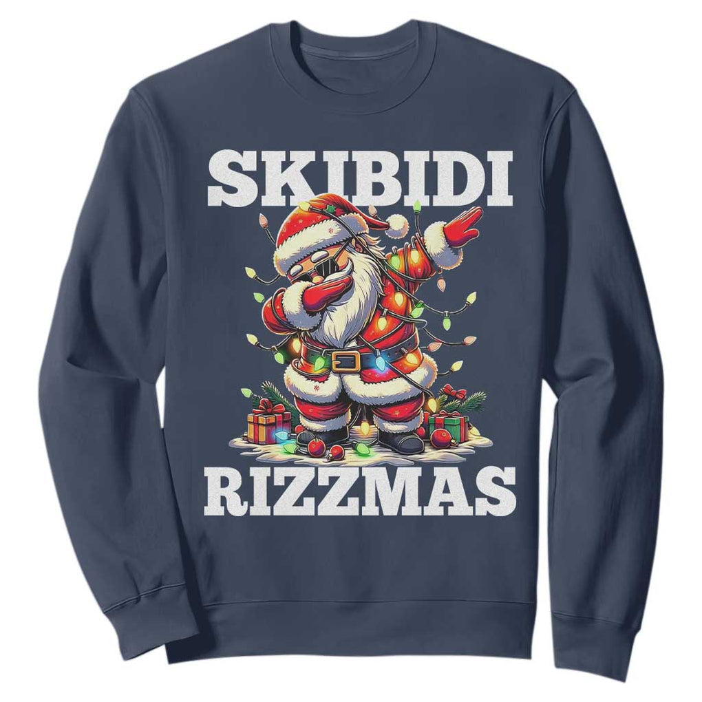 Funny Dabbing Santa Rizz Christmas Sweatshirt Skibidi Rizzmas Xmas Lights TS02 Navy Print Your Wear