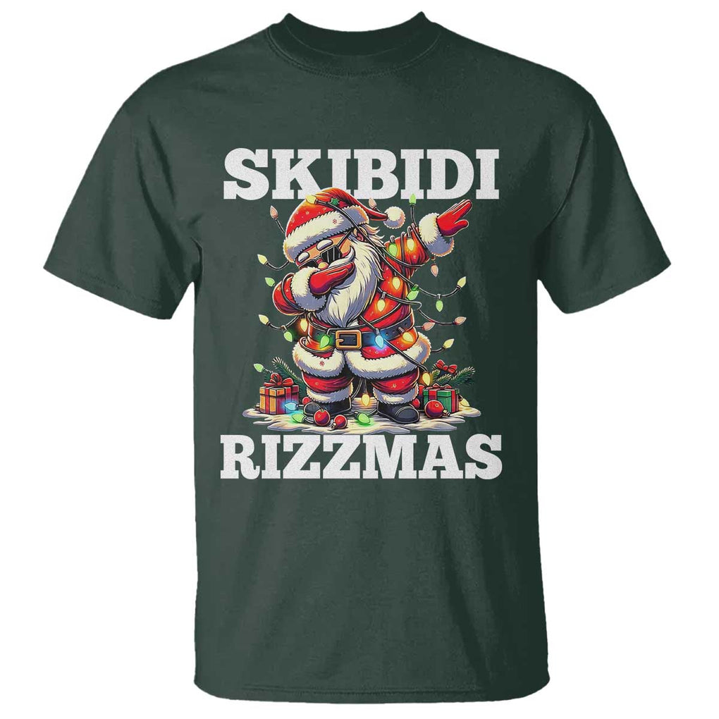 Funny Dabbing Santa Rizz Christmas T Shirt Skibidi Rizzmas Xmas Lights TS02 Dark Forest Green Print Your Wear