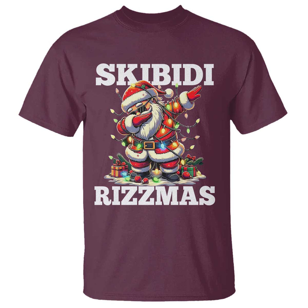 Funny Dabbing Santa Rizz Christmas T Shirt Skibidi Rizzmas Xmas Lights TS02 Maroon Print Your Wear