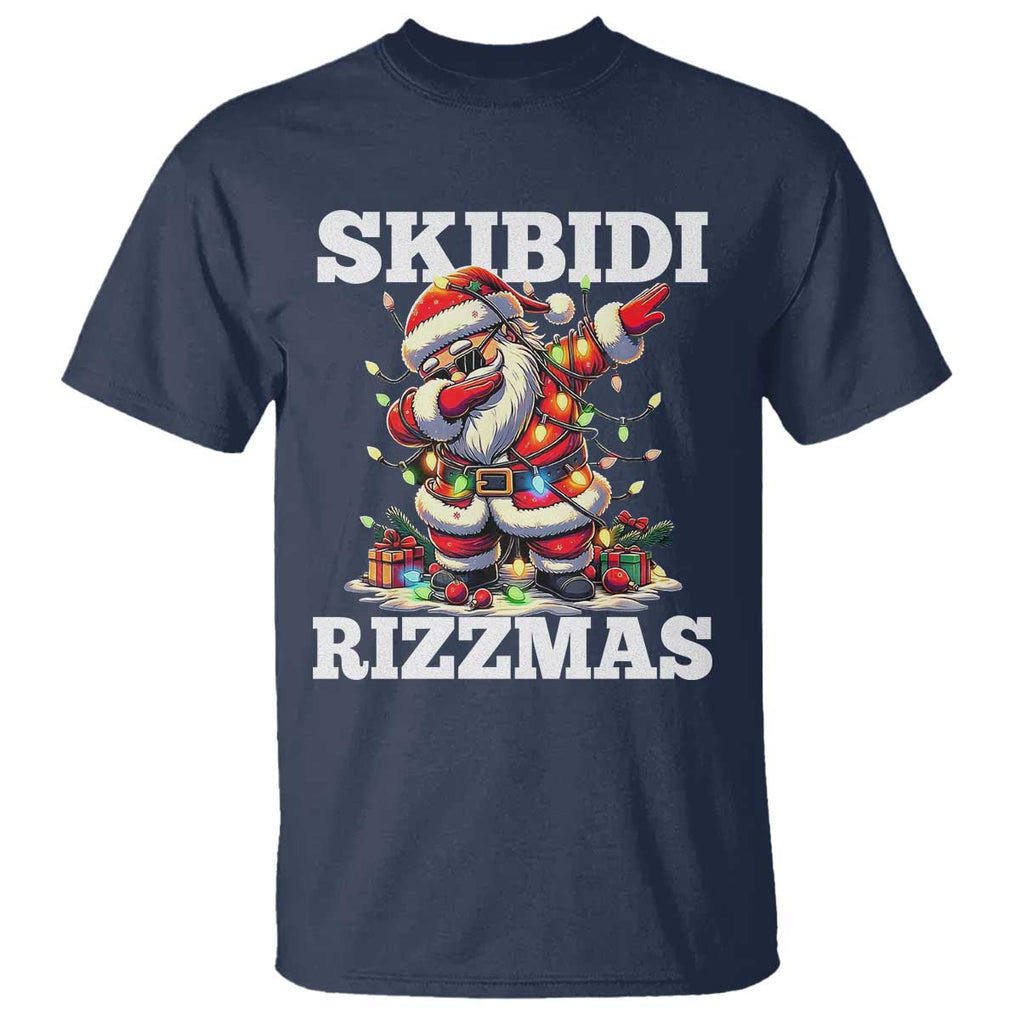 Funny Dabbing Santa Rizz Christmas T Shirt Skibidi Rizzmas Xmas Lights TS02 Navy Print Your Wear