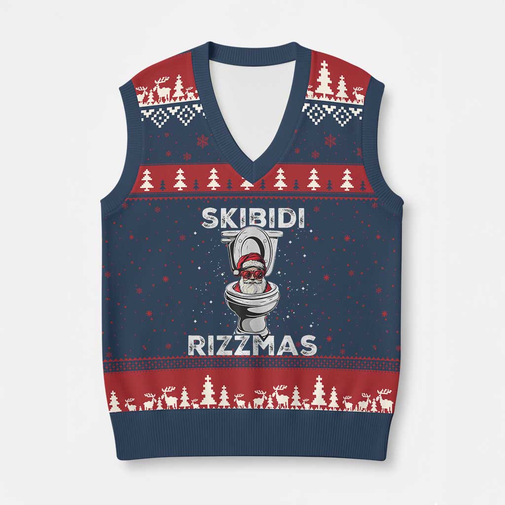 Funny Santa Rizz Xmas V-Neck Knit Sweater Vest Skibiti Toilet Rizzmas TS02 Navy Red Print Your Wear
