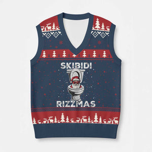 Funny Santa Rizz Xmas V-Neck Knit Sweater Vest Skibiti Toilet Rizzmas TS02 Navy Red Print Your Wear