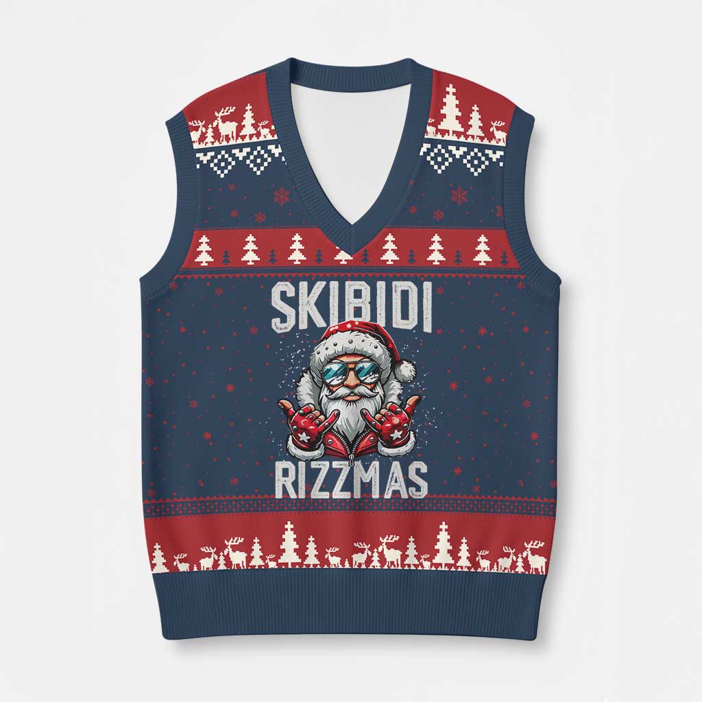 Funny Santa Rizz Xmas V-Neck Knit Sweater Vest Skibidi Rizzmas Gen Alpha Slang Cool Santa TS02 Navy Red Print Your Wear