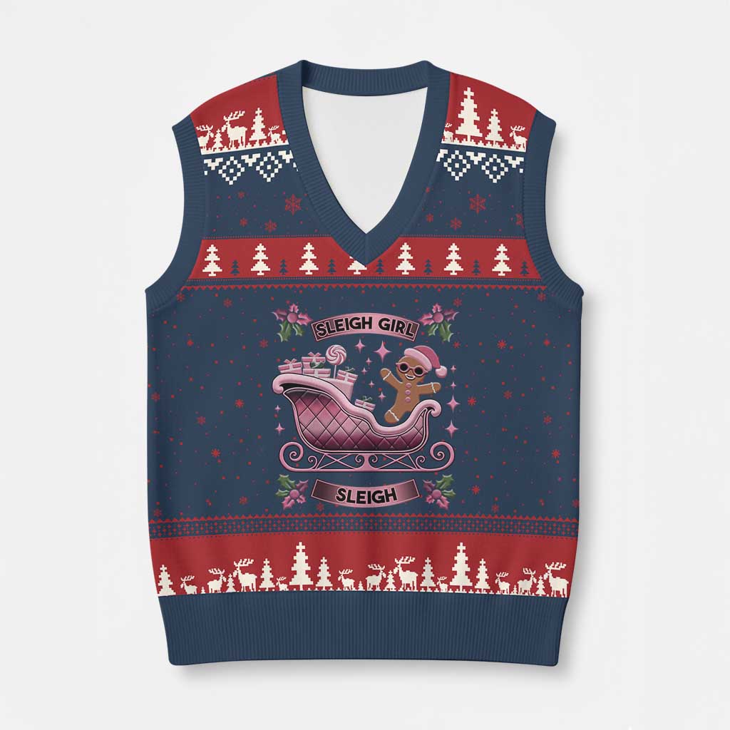 Groovy Pink Xmas Gingerbrad V-Neck Knit Sweater Vest Sleigh Girl Sleigh Festive Xmas Holiday Girls TS02 Navy Red Print Your Wear