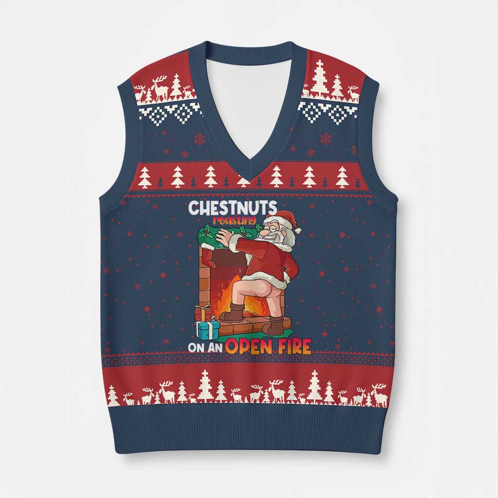 Funny Naughty Santa V-Neck Knit Sweater Vest Chestnuts Roasting On An Open Fire Dirty Food Pun Xmas Joke TS02 Navy Red Print Your Wear