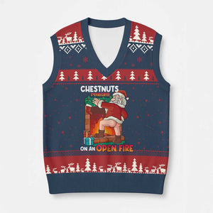 Funny Naughty Santa V-Neck Knit Sweater Vest Chestnuts Roasting On An Open Fire Dirty Food Pun Xmas Joke TS02 Navy Red Print Your Wear