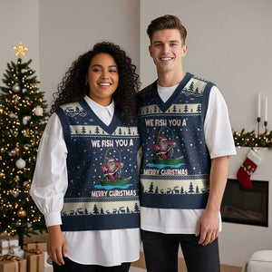Santa Xmas Boat Fishing V-Neck Knit Sweater Vest We Fish You A Merry Xmas Fisherman TS02 Navy Beige Print Your Wear