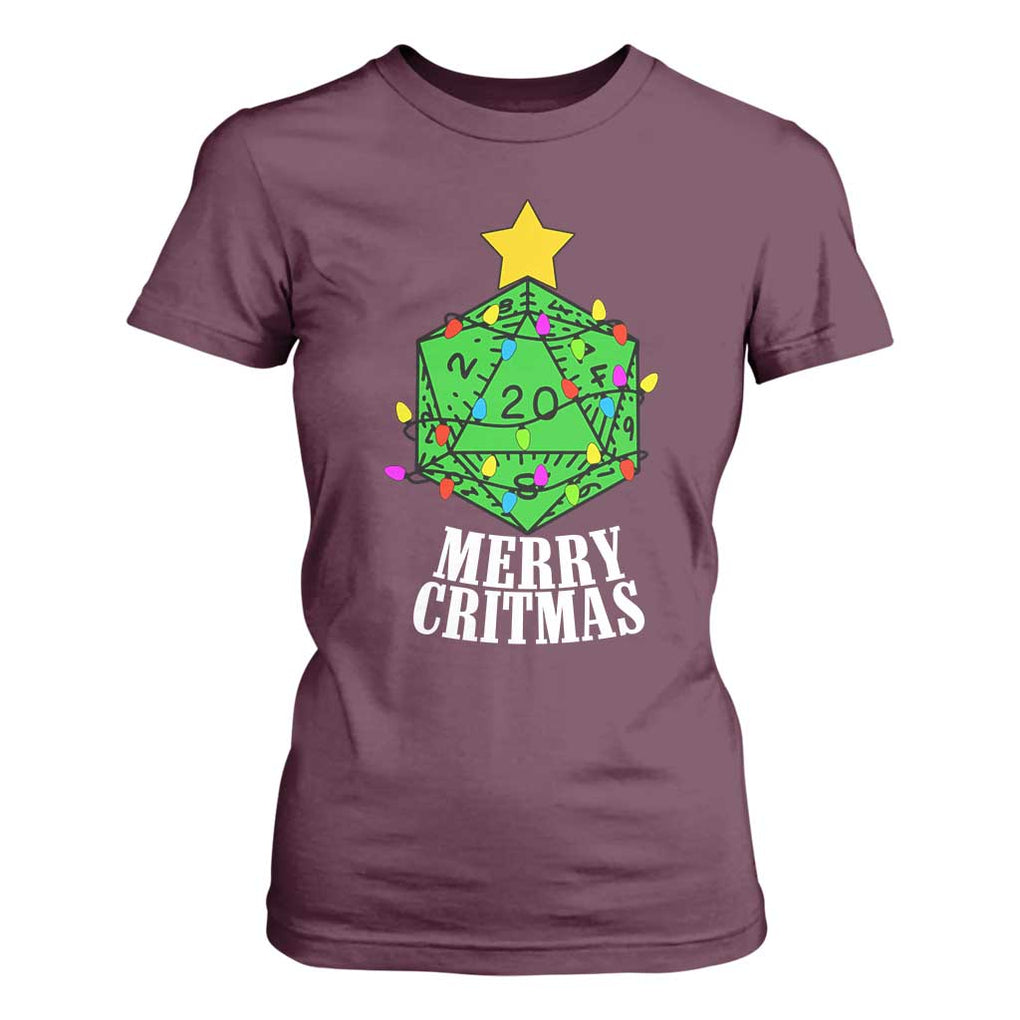 Christmas Gamer T Shirt For Women Merry Critmas D20 RPG Gaming Xmas Tree TS02 Maroon Print Your Wear
