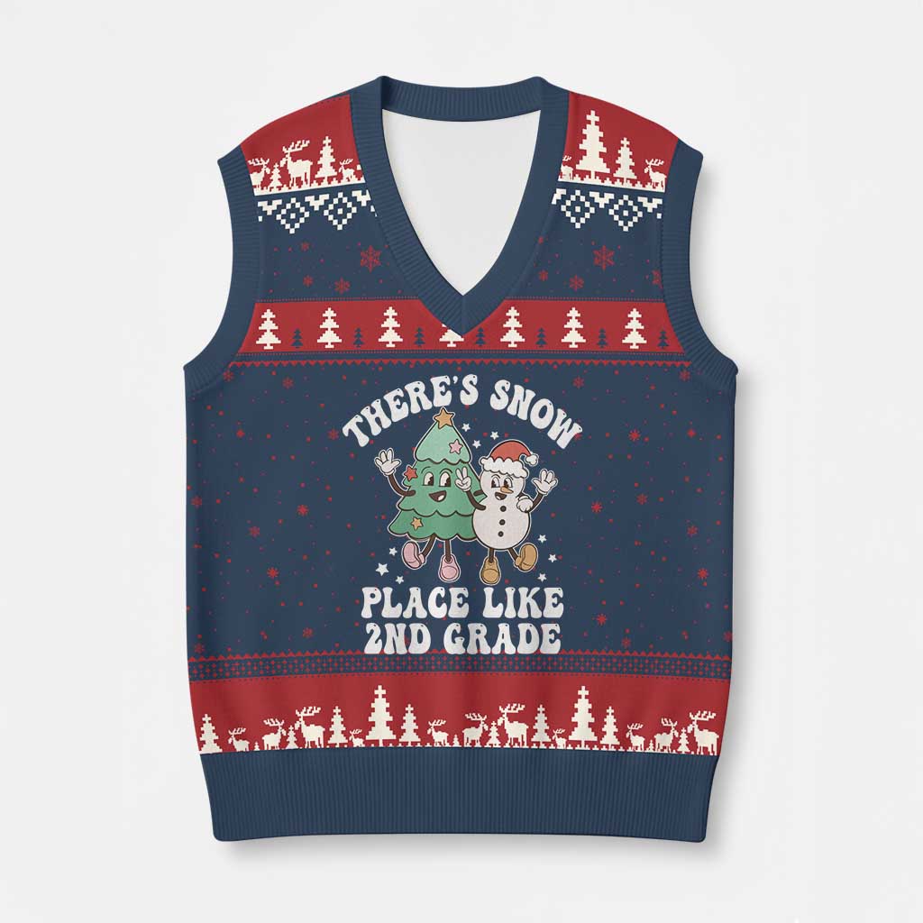 Xmas Teacher V-Neck Knit Sweater Vest Theres Snow Place Like 2nd Grade Merry Xmas Retro Groovy TS02 Navy Red Print Your Wear