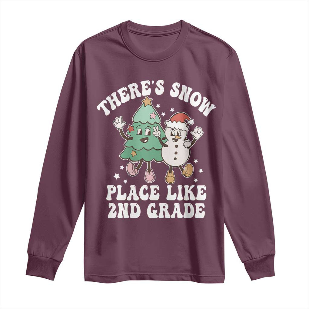 Christmas Teacher Long Sleeve Shirt Theres Snow Place Like 2nd Grade Merry Xmas Retro Groovy TS02 Maroon Print Your Wear