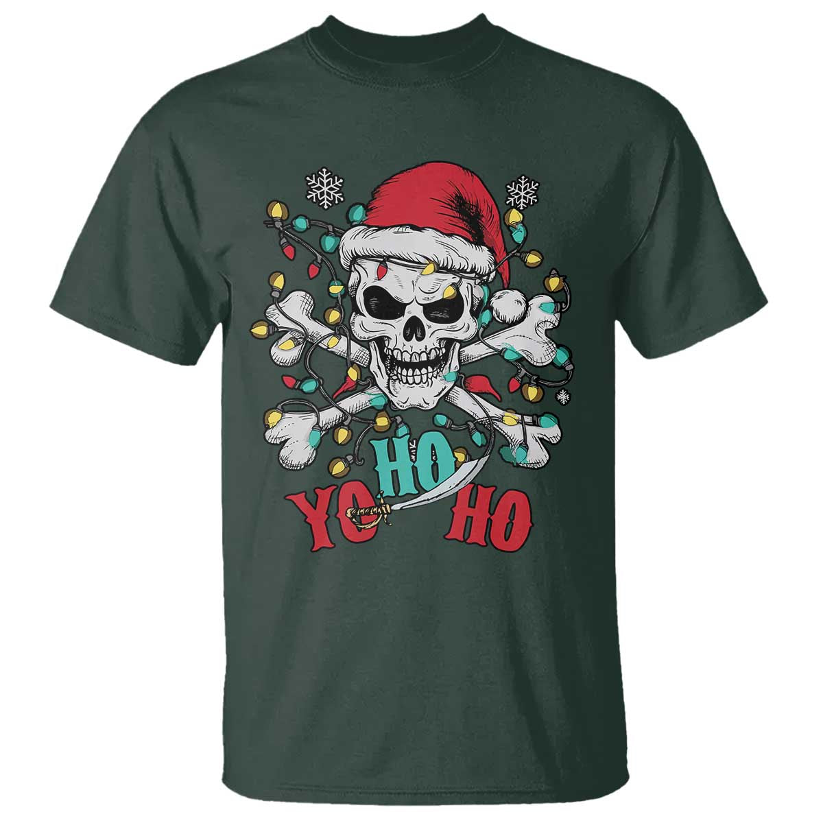 Christmas Pirate Skull T Shirt Yo Ho Ho Boat Cruise Xmas Crossbones TS02 Dark Forest Green Print Your Wear